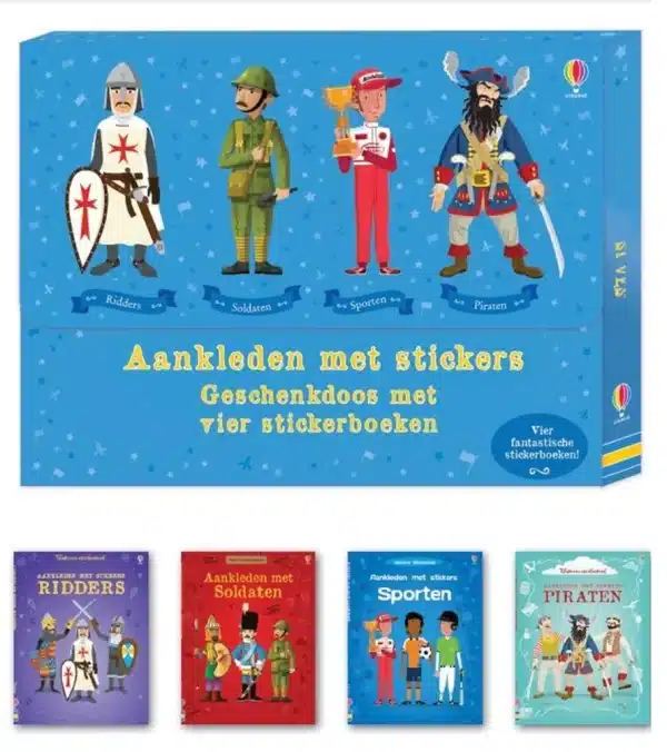 Geschenkdoos: Aankleden met stickers jongens (doos 4 ass).  Ridders - Soldaten - Sporten - Piraten